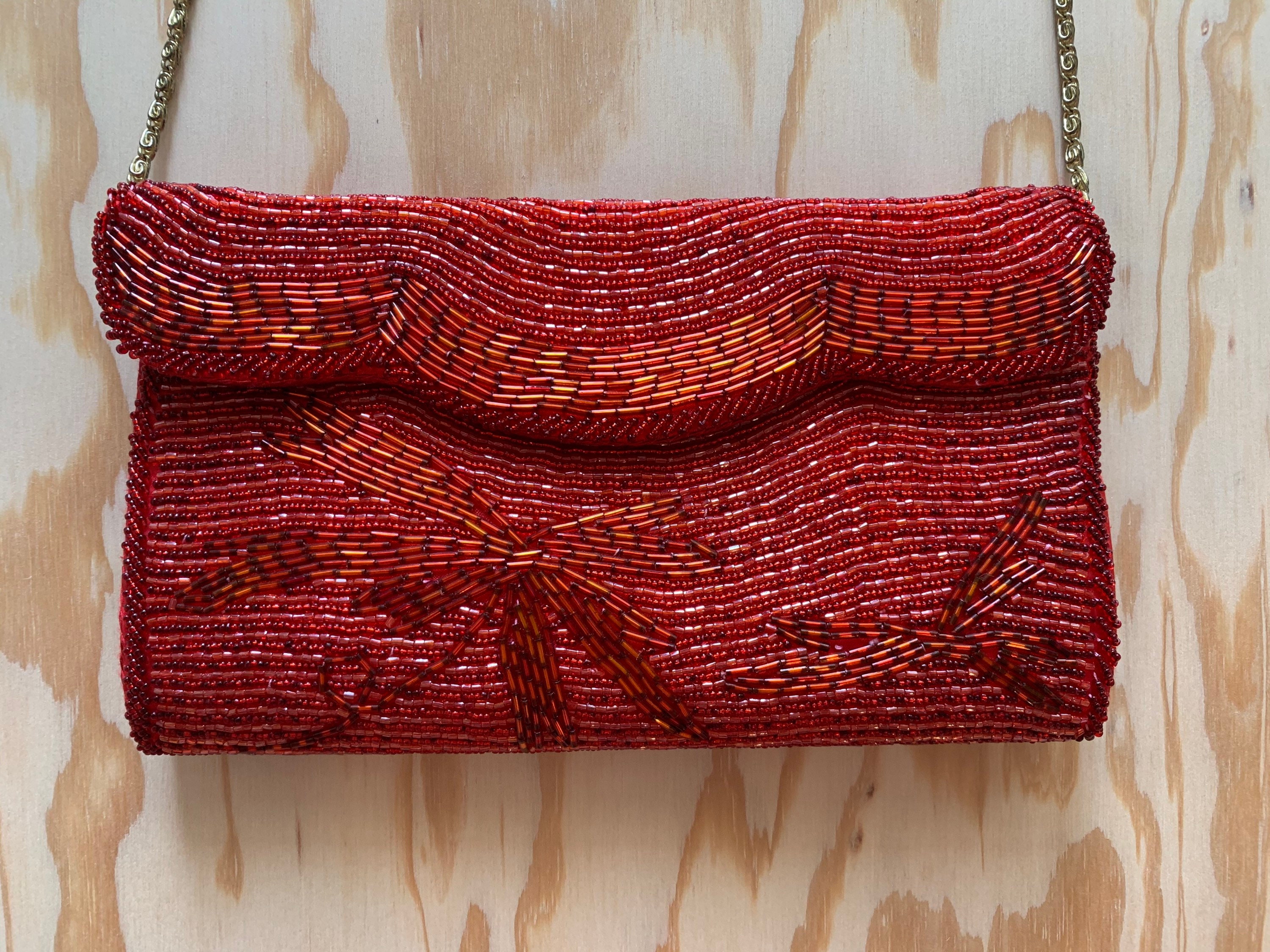 Rare & Red Vintage MAGID beaded shoulder purse/ Red Beaded Etsy