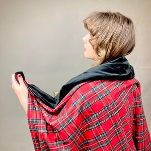 Woman wearing a Royal Stewart Tartan Blanket, Fabric sample