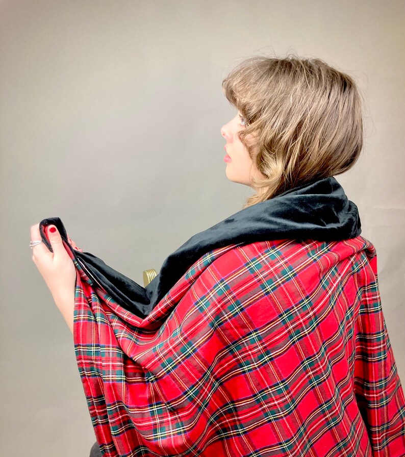 Woman wearing a Royal Stewart Tartan Blanket, Fabric sample