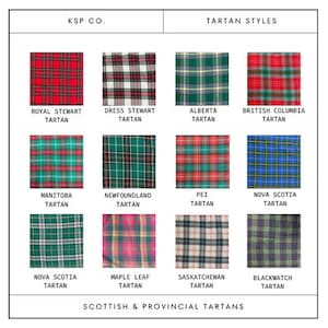 May include: A chart showing different tartan patterns with the names of each tartan listed below. The chart is titled "Tartan Styles" and "Scottish & Provincial Tartans".