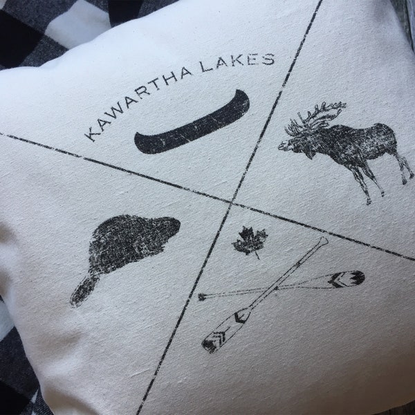 Kawartha Lakes Canadiana Pillow Cover / Moose / Beaver / Canadiana / Canoe / Paddles / Canadian Made / Cottage / Lake / Home Decor