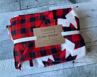 Cabin  Blanket | Maple Leaf Buffalo Check Red | custom embroidered blanket | Home Decor l Cottage Decor / Gift /