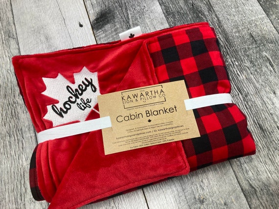 Cabin Blanket | Hockey Life Emroidered Throw Blanket in Red and Black | throw blanket | Canadiana | Cozy blanket