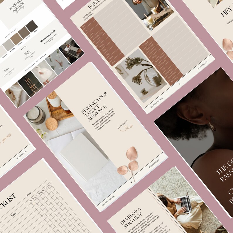 May include: A set of printable worksheets for developing a business plan. The worksheets include sections for finding your target audience, developing a brand strategy, and creating a checklist. The worksheets are designed with a minimalist aesthetic and feature a neutral color palette of beige, brown, and white.