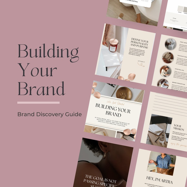 May include: A pink and white graphic design guide for building a brand. The guide includes tips on defining your personality and purpose, building your brand, and creating a mission statement. The text "Building Your Brand" is in a large, bold font.