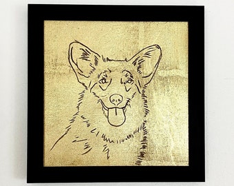 Custom GOLD Pet Portrait with frame. Wood cut Personalized Portrait, Dog Portrait, Pet Portrait, Pet Vector Line art, wall art