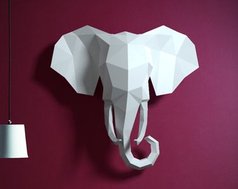 Trophée d'éléphant - modèle de sculpture en papier PDF papercraft bricolage 3D, kit d'origami, tête d'animal en papier, créez votre propre trophée ! Modèle imprimable