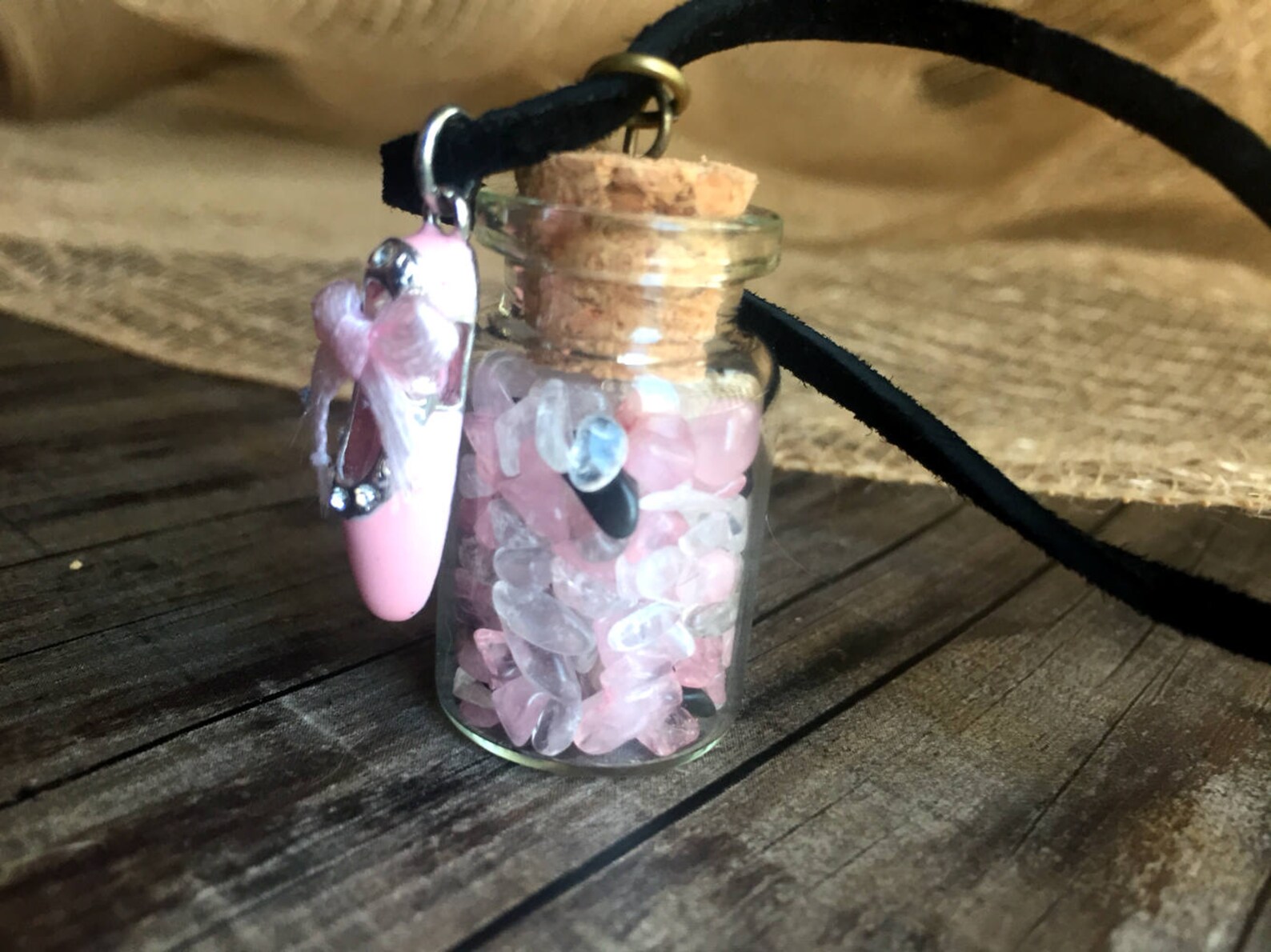 miniature tumbled stone filled jar necklace with ballet shoe charm! miniature tumbled stone filled jar necklace with ballet shoe charm!