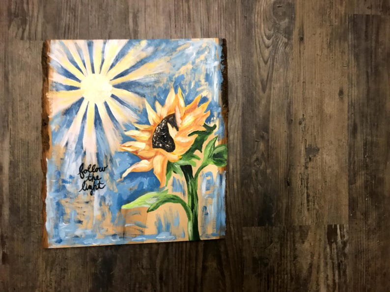 Sunflower painting on wood with bark edging follow the light | Etsy