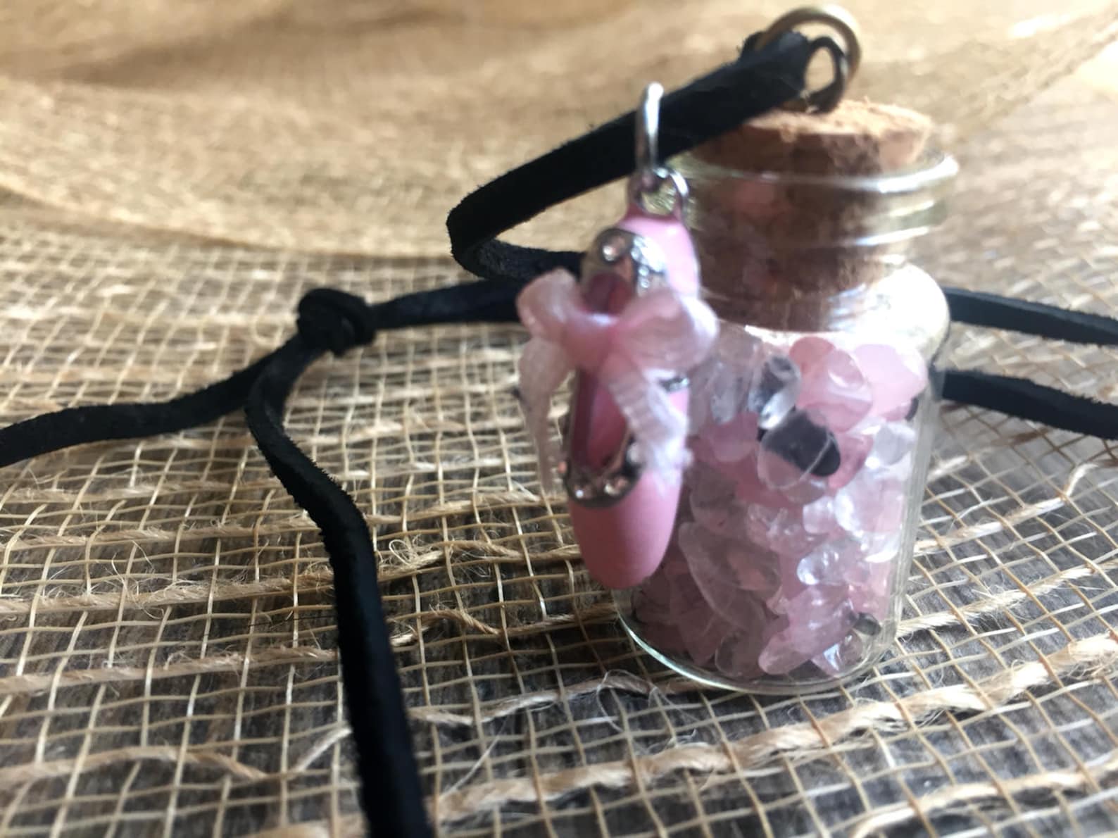 miniature tumbled stone filled jar necklace with ballet shoe charm! miniature tumbled stone filled jar necklace with ballet shoe charm!