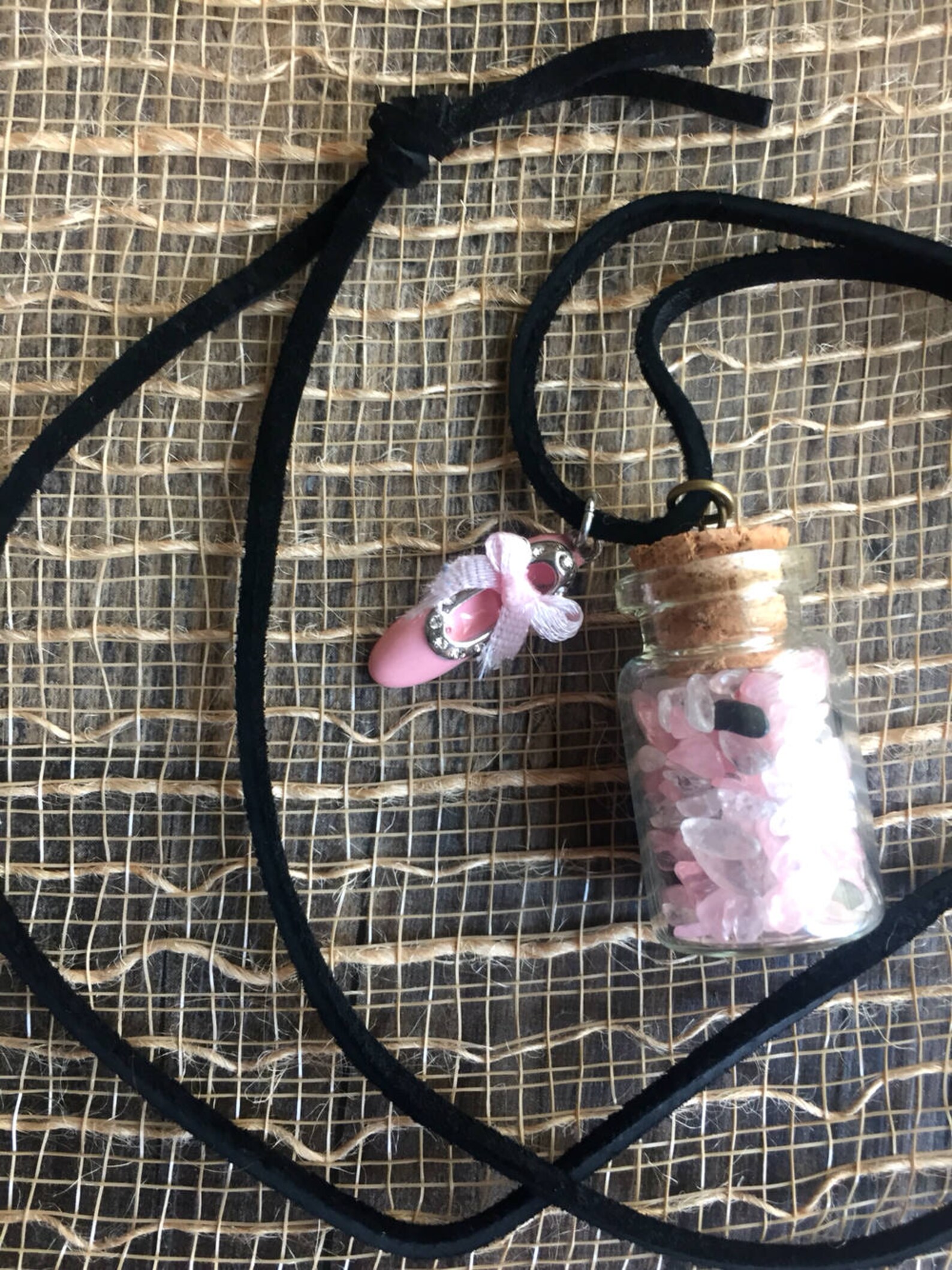 miniature tumbled stone filled jar necklace with ballet shoe charm! miniature tumbled stone filled jar necklace with ballet shoe charm!