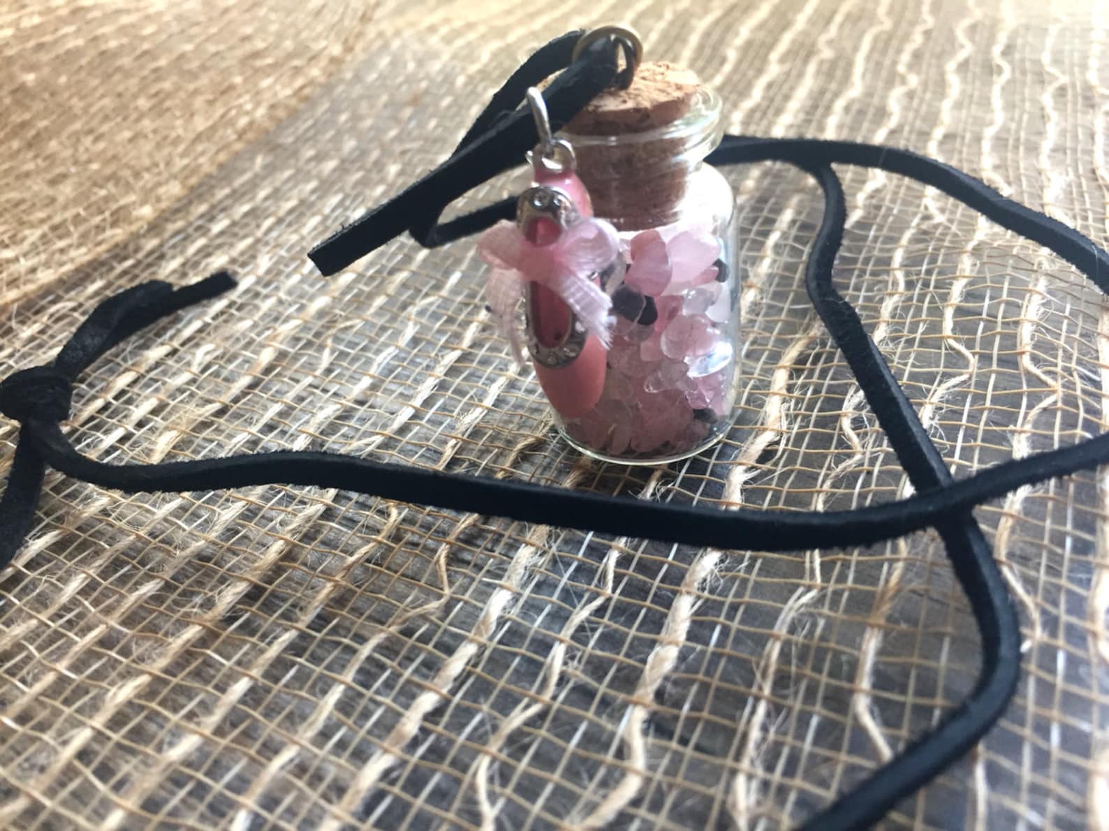miniature tumbled stone filled jar necklace with ballet shoe charm! miniature tumbled stone filled jar necklace with ballet shoe charm!