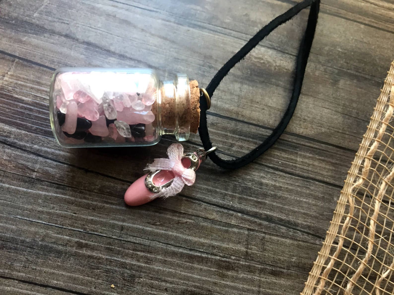 miniature tumbled stone filled jar necklace with ballet shoe charm! miniature tumbled stone filled jar necklace with ballet shoe charm!