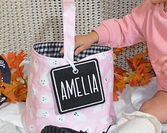 Custom Pastel Pink Halloween Trick or Treat Bag: Reversible Ghost Basket