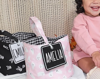 Custom Name Halloween Trick or Treat Bag: Reversible Boho Style