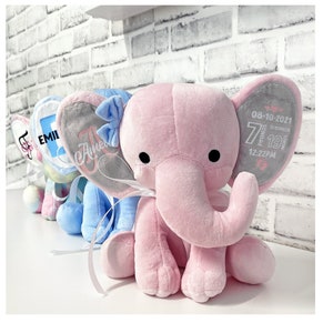 Birth Announcement Keepsake, New Baby Gift, Custom Stuffed Elephant, Baby Gift, personalized Elephant