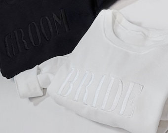 BRIDE or GROOM Embroidered Sweatshirt Hoodie, Bride Groom Crewneck, Wedding Gifts, Bridal Shower Party, Newly Wed,Fiancé Gift