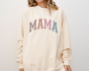 Neutraal MAMA-sweatshirt || Met inkt bedrukte MAMA trui || Cadeaus voor mama || Gezellig geverfd loungesweatshirt || Comfort kleuren sweatshirts