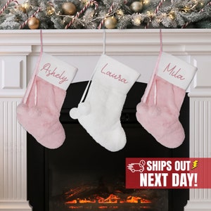 Personalized Pink Christmas Stocking: Boho Pom Pom Knit