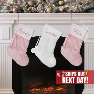 Personalized Pink Christmas Stockings, Pom Pom Stockings, Boho Pink Style Stockings, Blush Pink Stocking