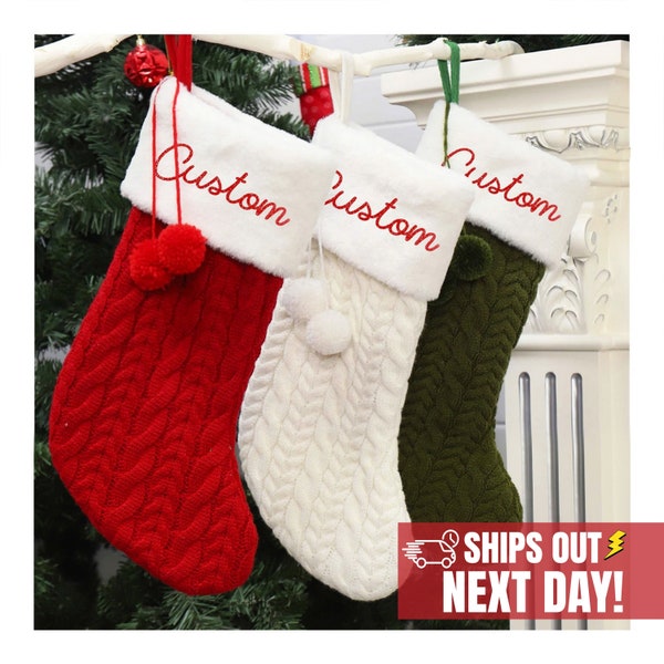 Custom Christmas Stockings, Personalized Christmas Stocking, Cable Knit Stocking, Cable Knit Stocking Pom Pom, Christmas Decor