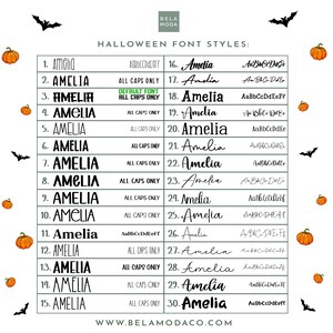 May include: A chart with 30 different font styles for the name Amelia. The chart is on a green background with a white border. The font styles are numbered 1 through 30. Each font style is shown in black text. The chart also includes the text "Halloween Font Styles" and "www.belamodaco.com".
