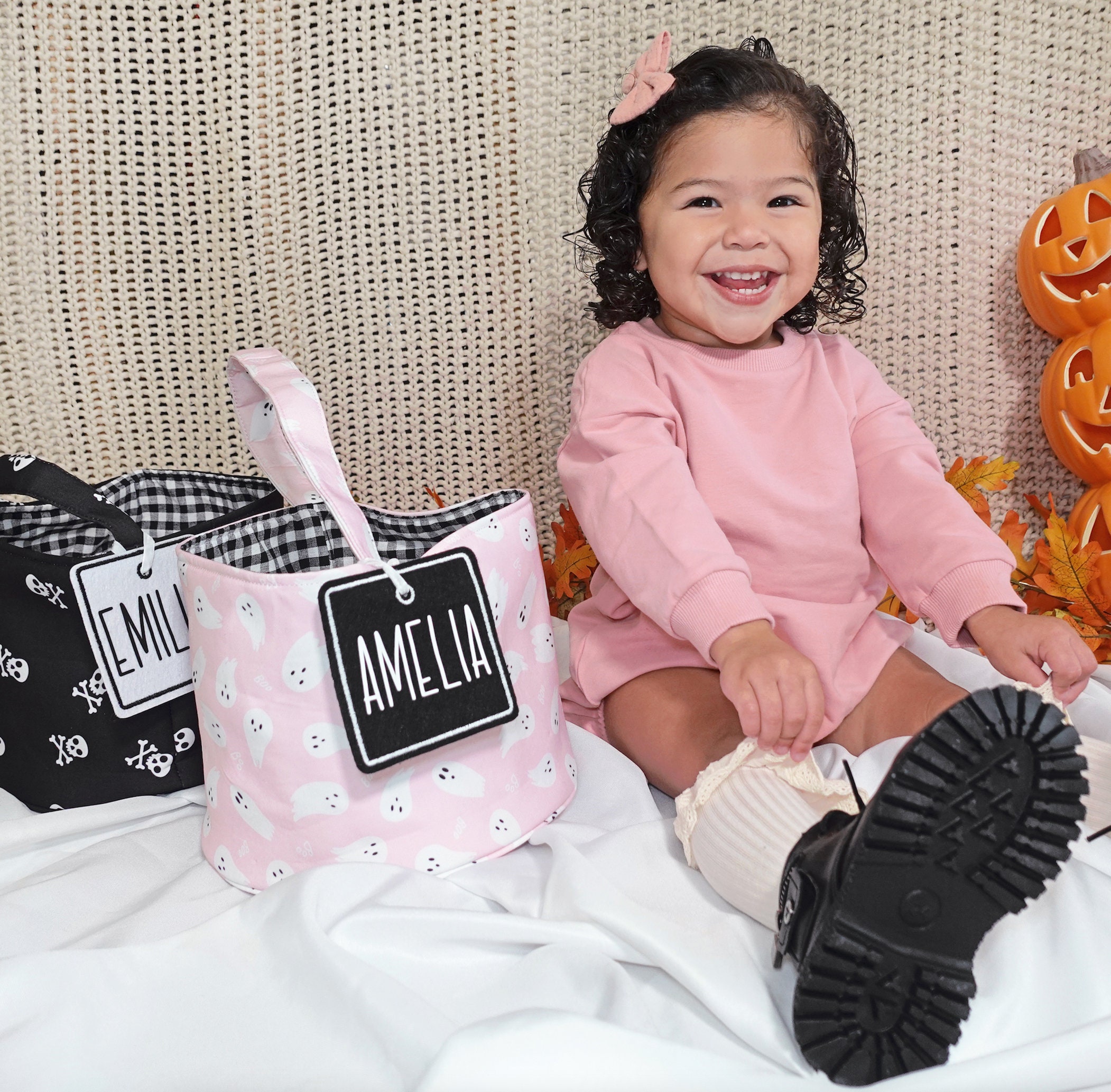 Halloween Basket, Custom Pastel Halloween Bag, Pink Halloween Personalized Trick or Treat Basket, Halloween Bag
