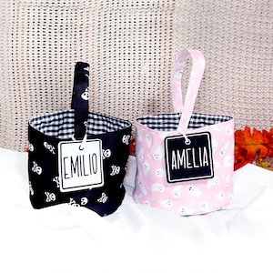 Bolsa de Halloween personalizada en colores pastel, cesta de Halloween personalizada en color rosa para pedir dulces o trucos, bolsa de Halloween