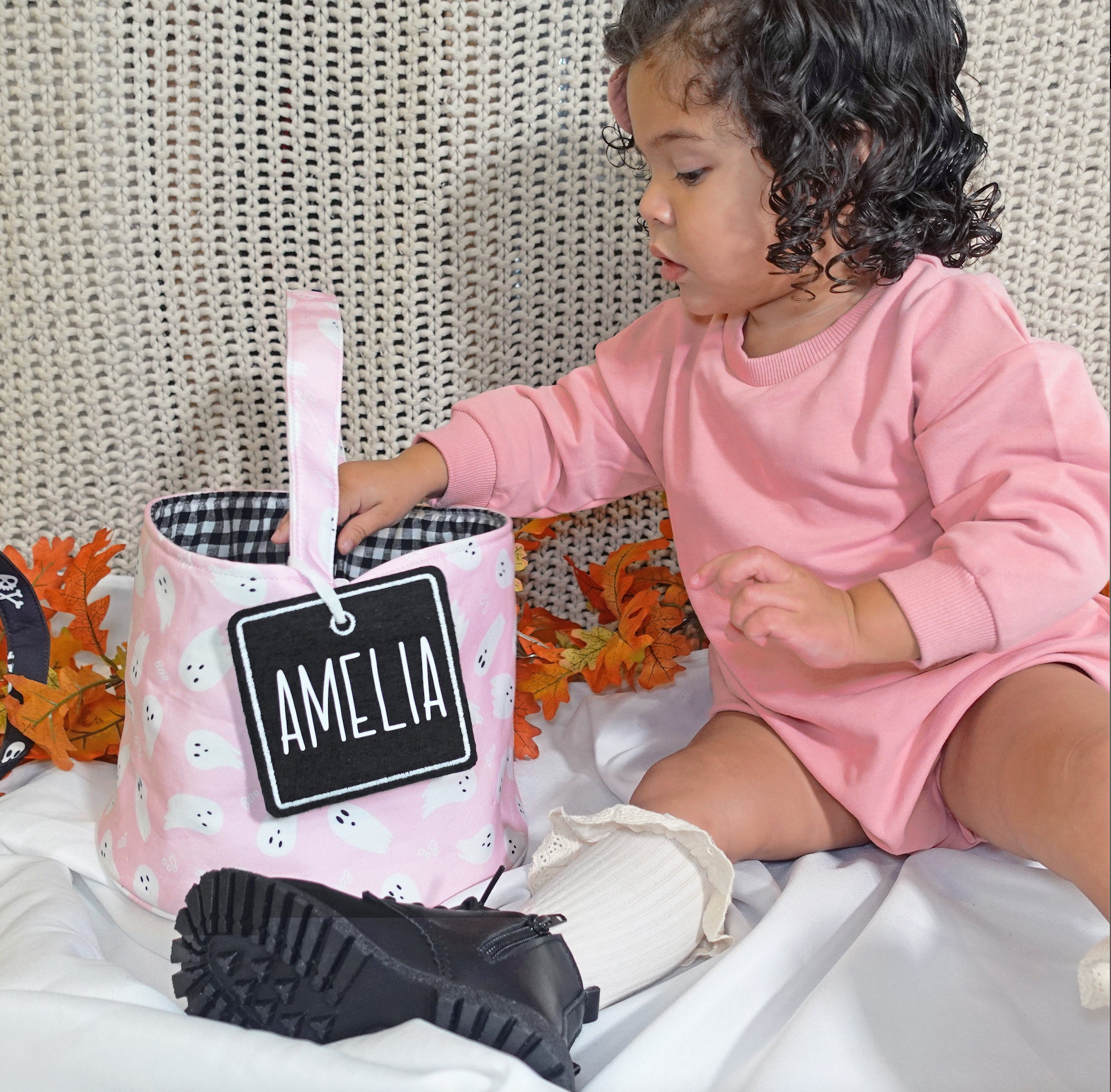 Halloween Basket, Custom Pastel Halloween Bag, Pink Halloween Personalized Trick or Treat Basket, Halloween Bag