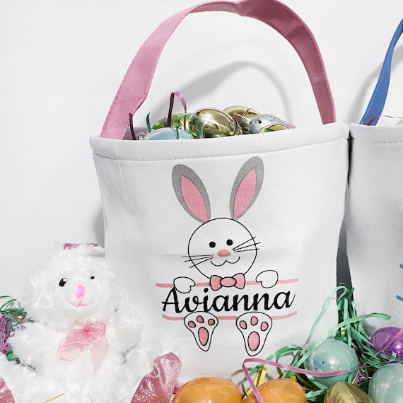 Custom Name Easter Basket Bag - Personalized Plush Bunny Easter Baskets For Boys & Girls In 4 Colors