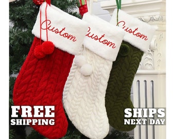 Custom Christmas Stockings, Personalized Christmas Stocking, Cable Knit Stocking, Cable Knit Stocking Pom Pom, Christmas Decor