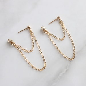 Front Back Earrings, Chain Stud Earrings, Stud Earrings with Chain Dangle, Gold Filled Drop Earrings, Sterling Silver Dangle Earrings