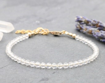 Gold Clear Quartz Bracelet: Dainty Beaded Gemstone Stacking Bracelet