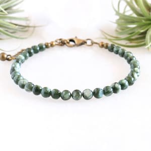 Seraphinite Bracelet, Gemstone Jewelry, Healing Stones, Green, Adjustable, Stacking, Gift for Women, Antique Brass, Beaded, Yoga, Spiritual