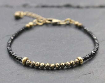 Dainty Pyrite and Black Tourmaline Bracelet: Gemstone Healing Jewelry