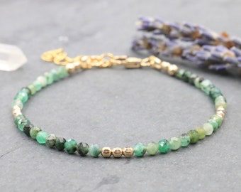 Gold Emerald Gemstone Bracelet, May Birthstone Jewelry, Simple Beaded Dainty Delicate Bracelet, Stacking Stackable Bracelet, Sterling Silver