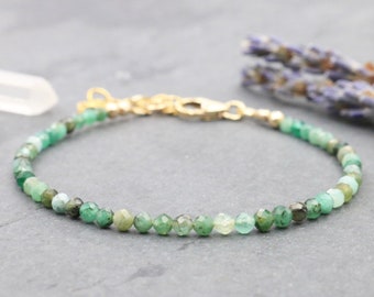 Gold Emerald Gemstone Bracelet, Simple Beaded Dainty Delicate Bracelet, May Birthstone Jewelry, Stacking Stackable Bracelet, Sterling Silver