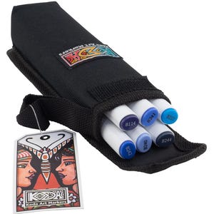 May include: A black fabric carrying case containing six white art markers with blue-toned caps labeled B114, B241, B237, B242, B240, and B244. A rectangular paper tag attached to the case features an illustration of two faces and the text Koda Art Markers.