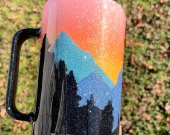 Mountain Sunset Tumbler I Glitter Tumbler I Mountain Scene | Mountains are Calling | Adventure Awaits | Camping Gift | Mountain Art