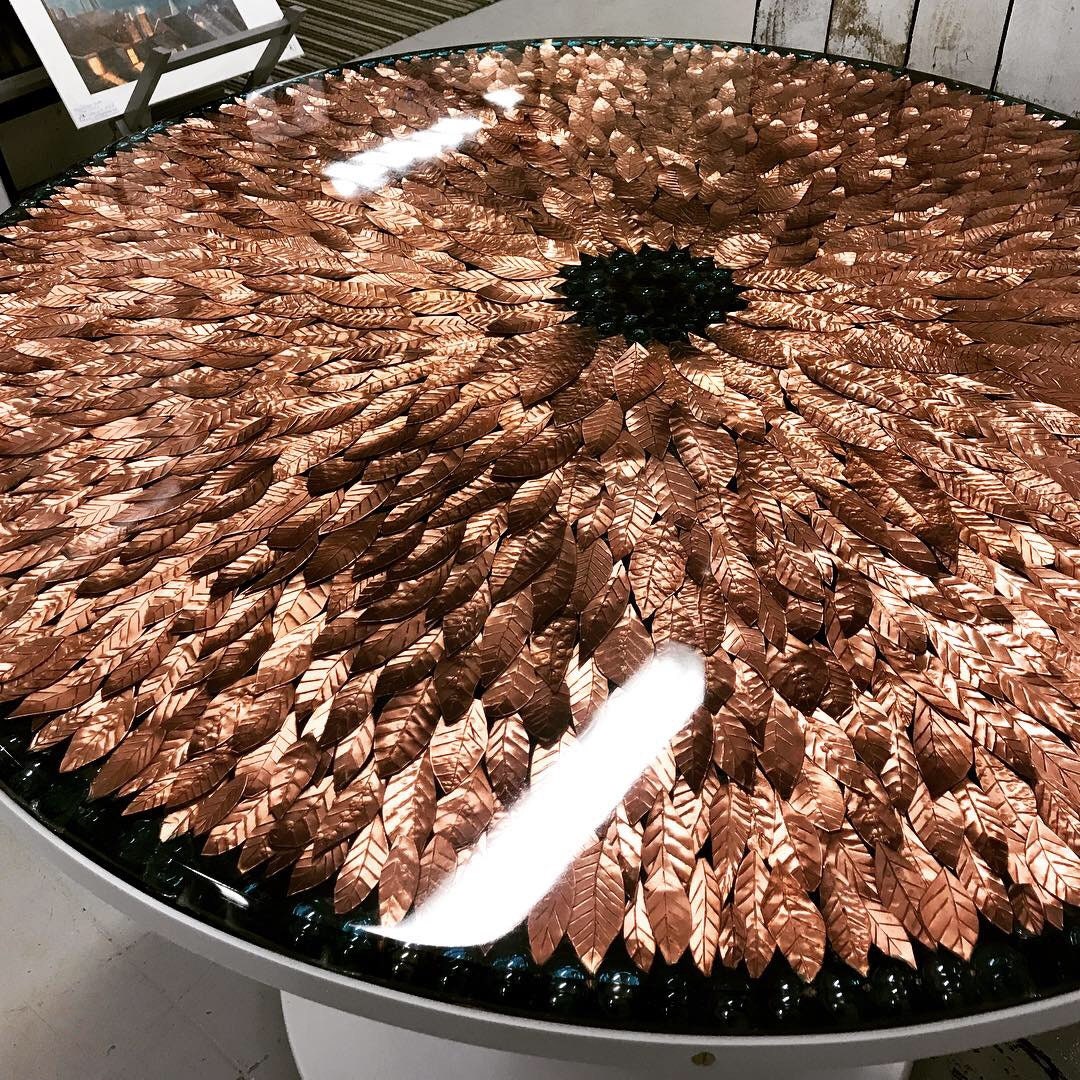Unique Artistmade Copper Leaf Contemporary Table W/glass Etsy