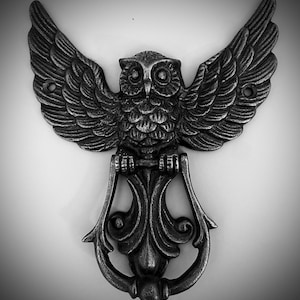 May include: A detailed, monochrome owl door knocker with outstretched wings. The metal knocker features intricate feather detailing and a decorative handle. The owl's eyes are clearly defined, and the design is symmetrical.