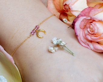 Crescent Pink Moon Bracelet - Gold Filled - 90s Anime Inspired - Feminine - Kawaii - Celestial - Luna - Usagi - Magical Girl