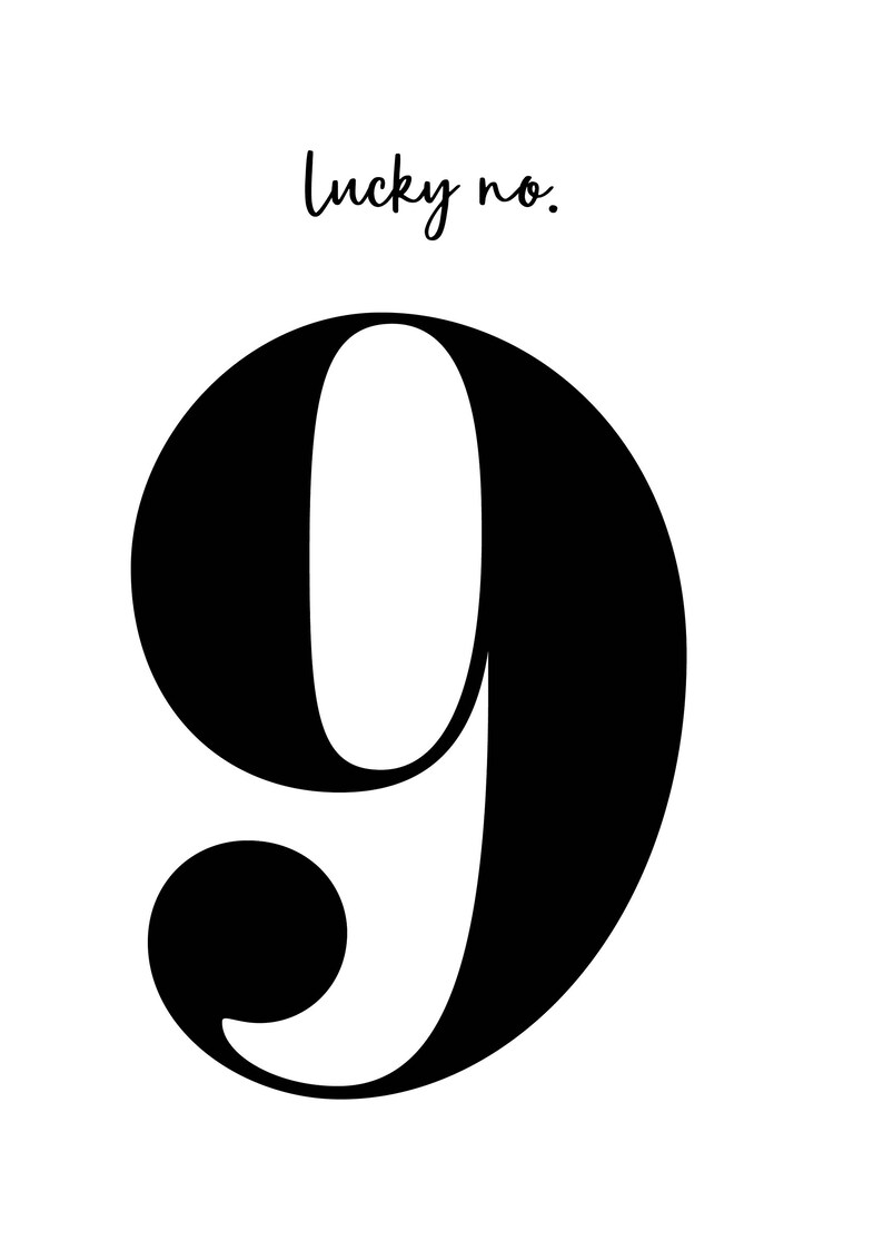 Lucky Number 9 Bold Printable art Modern Black & White | Etsy