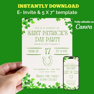 St Patrick’s Day Editable Digital and Printable Party Invitation, Paddy&#39;s Day Invite, Editable in Canva  - Instant Download, DIY