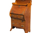 Antique Victorian Quartersawn Oak Drop Front Secretary Writing Desk by Larkin