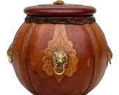 Vintage Italian Leather Wrapped Glass Humidor Tobacco Jar w Lion Head Motif