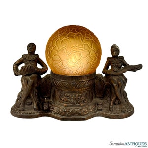 Antique Art Deco Jester & Harlequin Amber Orb TV Lamp