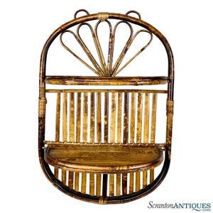 Vintage Boho Coastal Rattan Sculptural Bamboo Wall Hanging Shelf