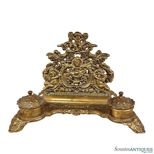 Vintage Italian Rococo Brass Cherub Double Inkwell Letter Holder Desk Set
