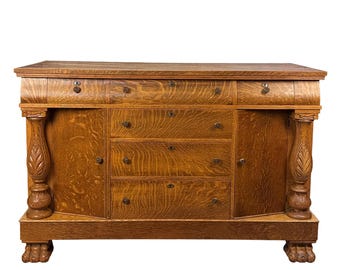 Antique Empire Quarterawn Oak Lions Paw Carved Sideboard Buffet Server